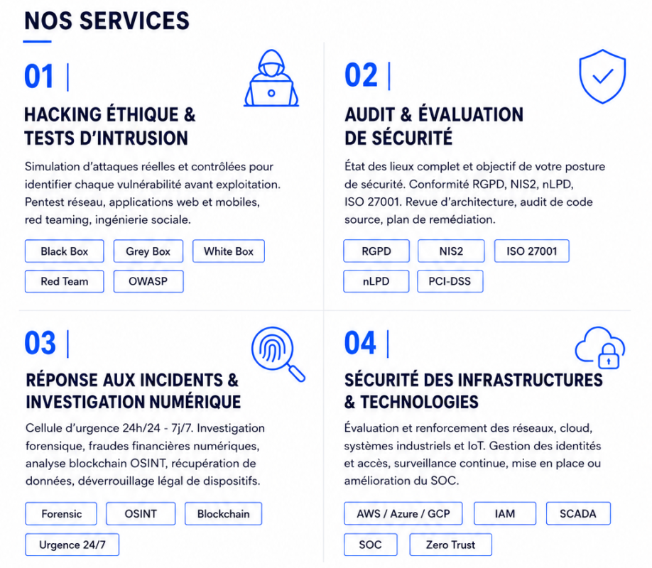 Services de cybersécurité, Société hacking éthique, Audit sécurité informatique, Hacking éthique entreprise Suisse, Investigation numérique forensique,
